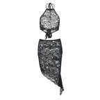 Sexy Lace Halter Backless Strap Vest Sheath See through Bevel Skirt Set