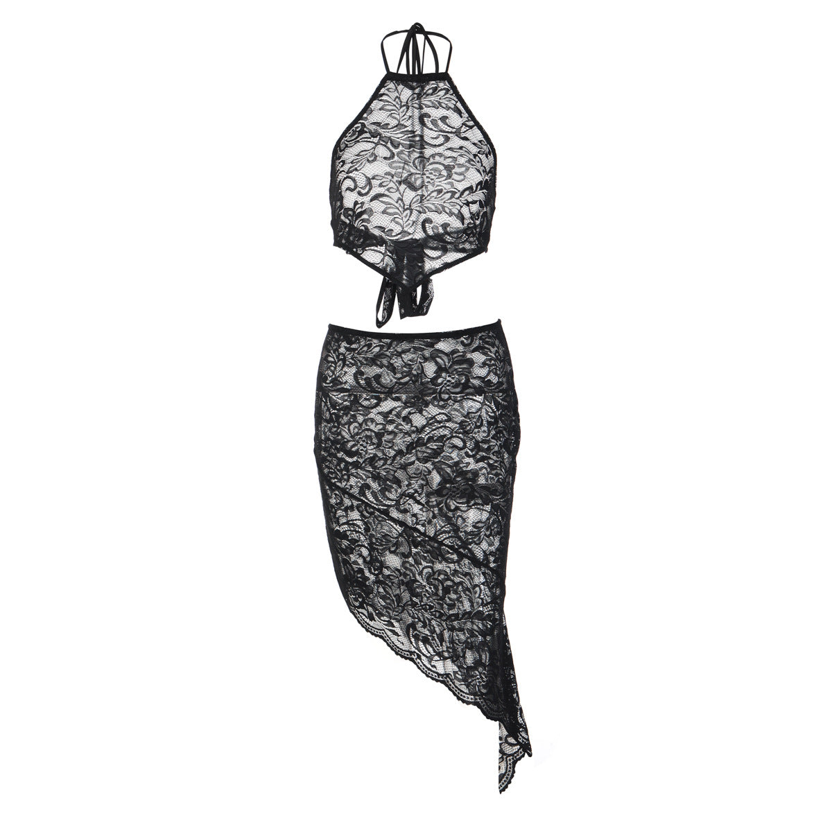 Sexy Lace Halter Backless Strap Vest Sheath See through Bevel Skirt Set