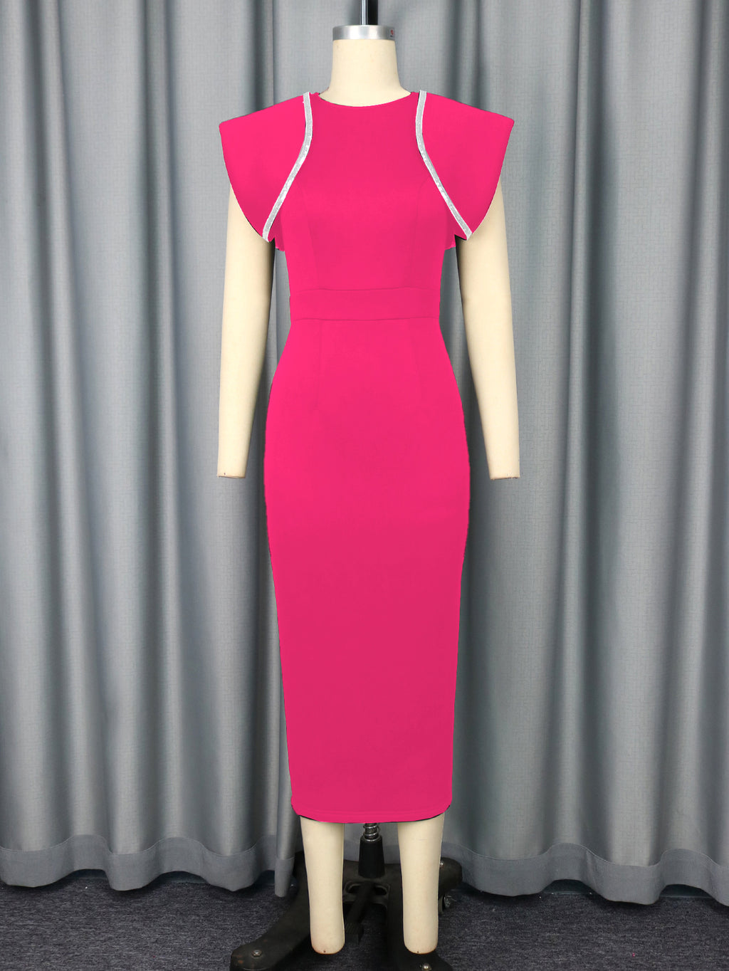 Pink midi sheath cocktail dress on mannequin with short sleeves and white trim