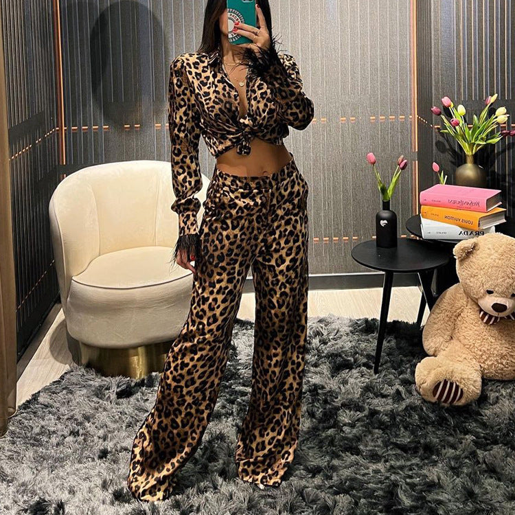 Leopard Shirt & Wide-Leg Pants Set