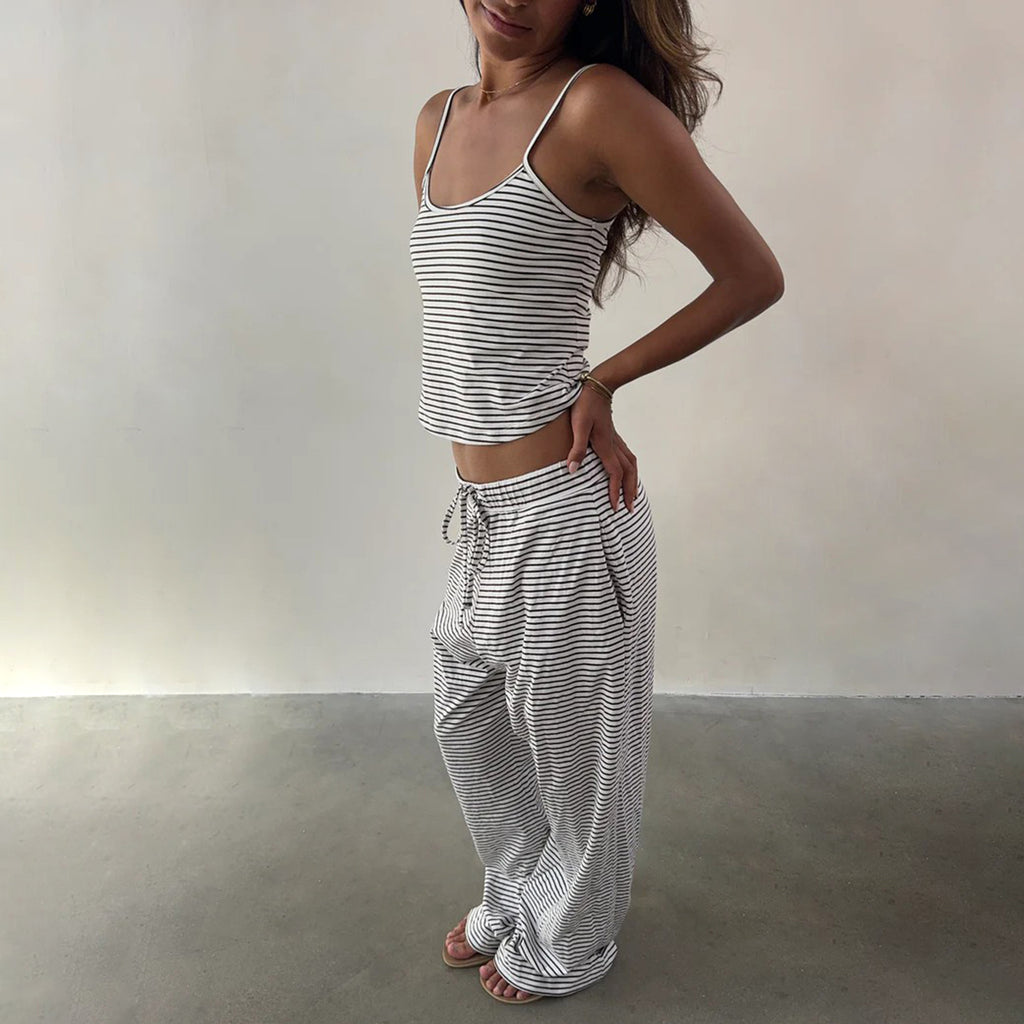 Casual Striped Spaghetti Straps Top Elastic Waistband Lace Up Trousers Home Pajamas