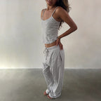 Casual Striped Spaghetti Straps Top Elastic Waistband Lace Up Trousers Home Pajamas