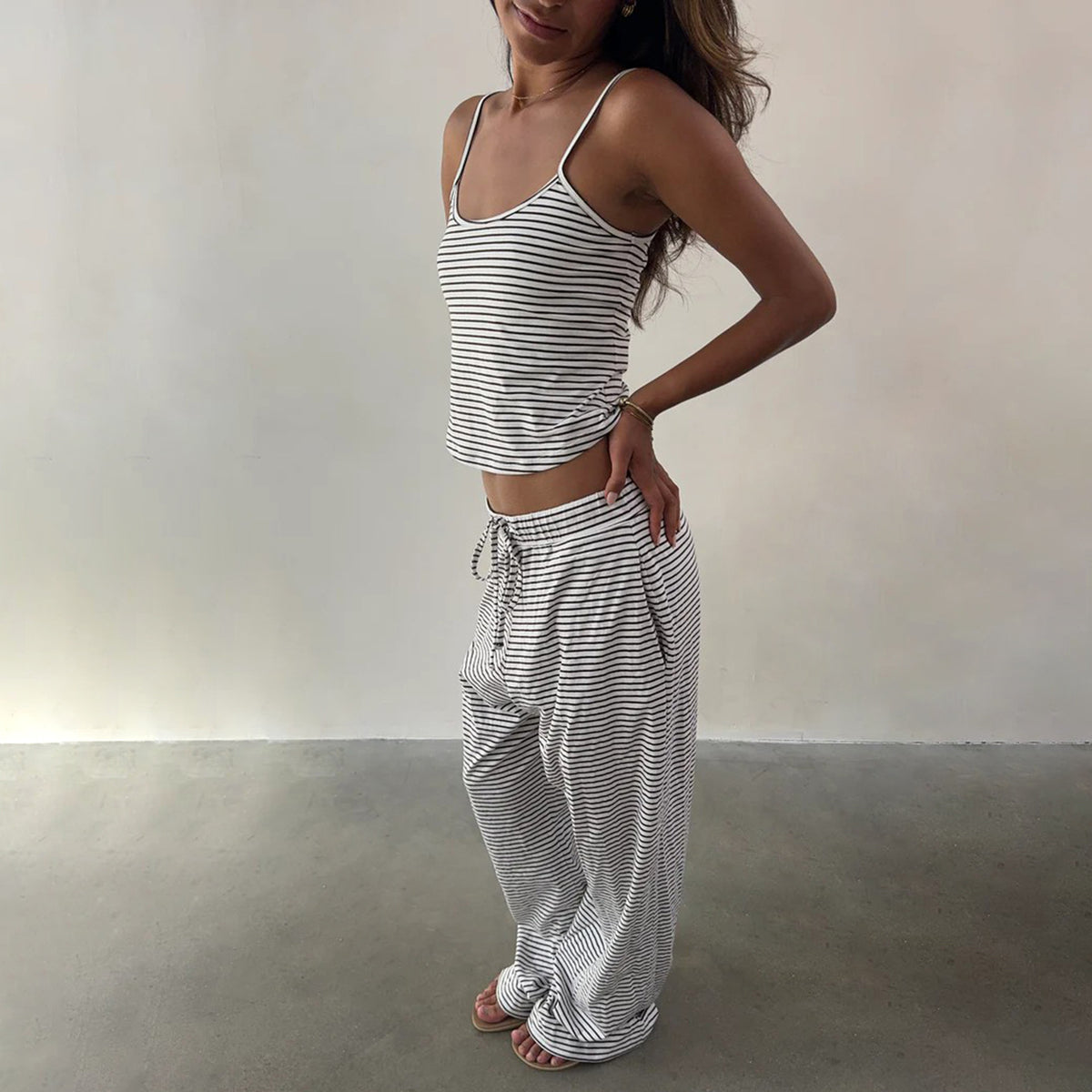 Casual Striped Spaghetti Straps Top Elastic Waistband Lace Up Trousers Home Pajamas