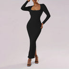 Women's Classic Wind Square Collar Dress Slim Ankle Length Sheath