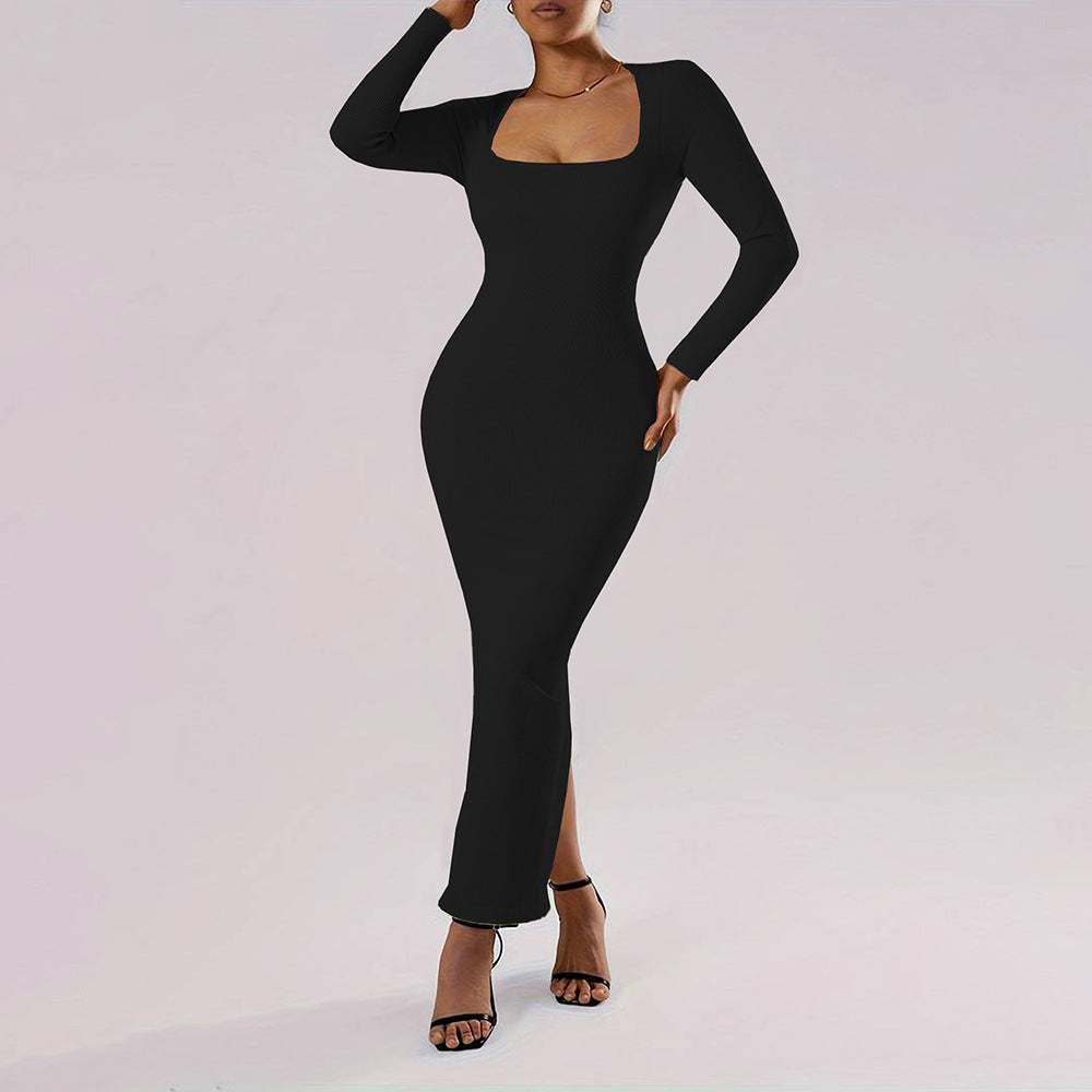 Women's Classic Wind Square Collar Dress Slim Ankle Length Sheath