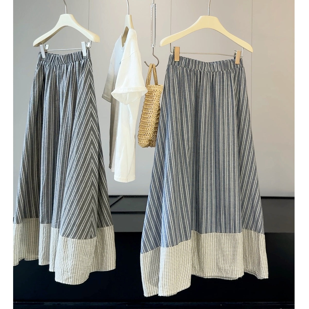 Retro Plaid Stitching Striped Skirt Women Summer HW