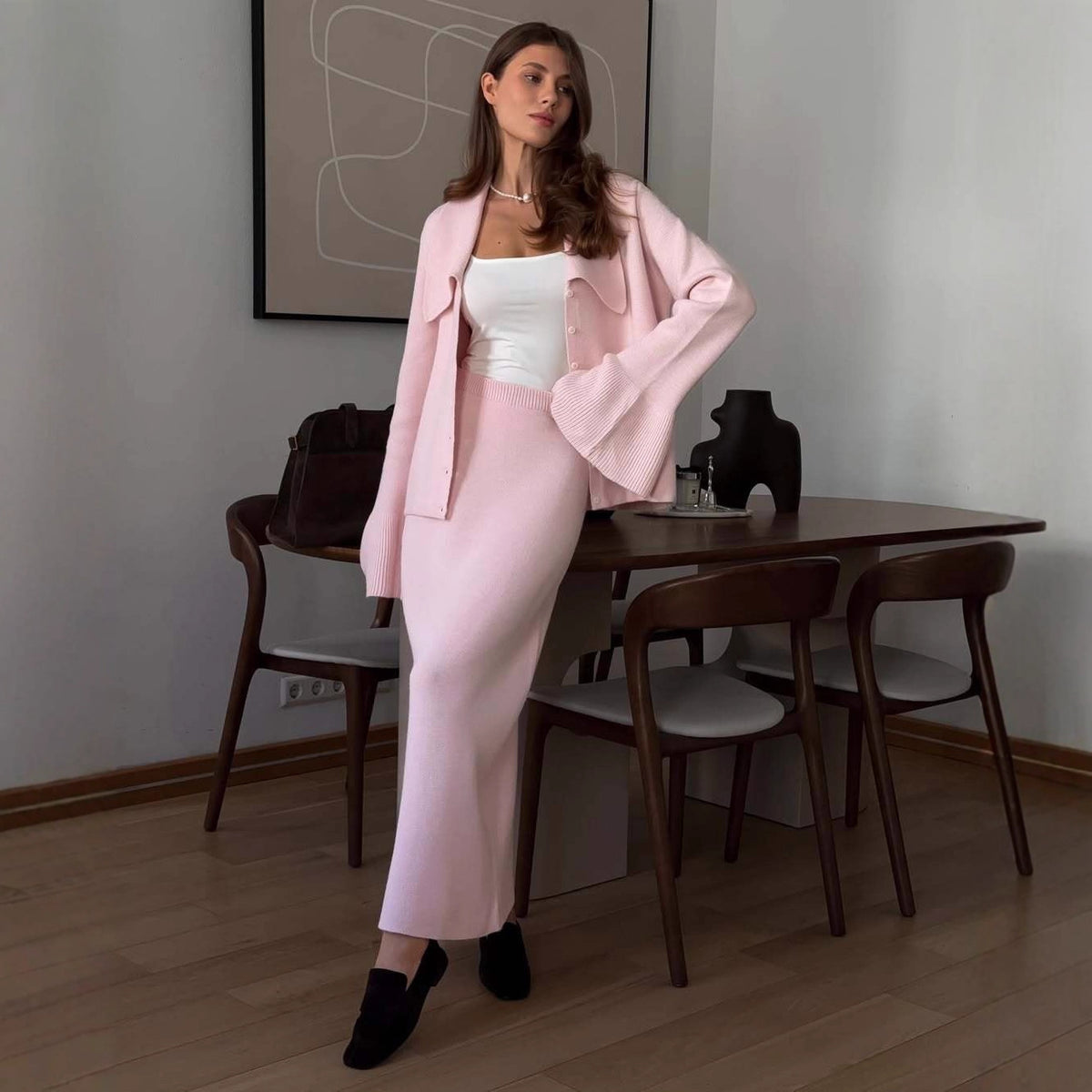Women's Knit Bell-Sleeve Skirt Suit Two-Piece Set