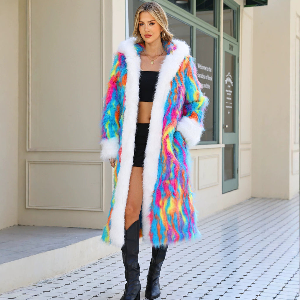 Women's Jacquard Faux Fur Faux Fur Color Long Hooded Over The Knee Collar Furry Coat Large