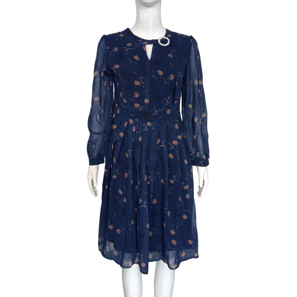 Navy chiffon long-sleeve dress with floral print and keyhole neckline, button trim