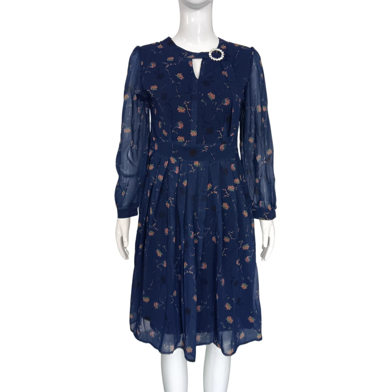 Navy chiffon long-sleeve dress with floral print and keyhole neckline, button trim