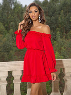 Off-Shoulder Ruffle Lantern-Sleeve A-Line Mini Dress