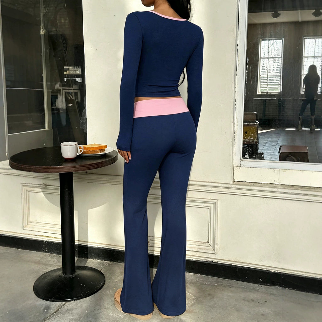 Women's Contrast-Color V-Neck Top & Bootcut Pants Set