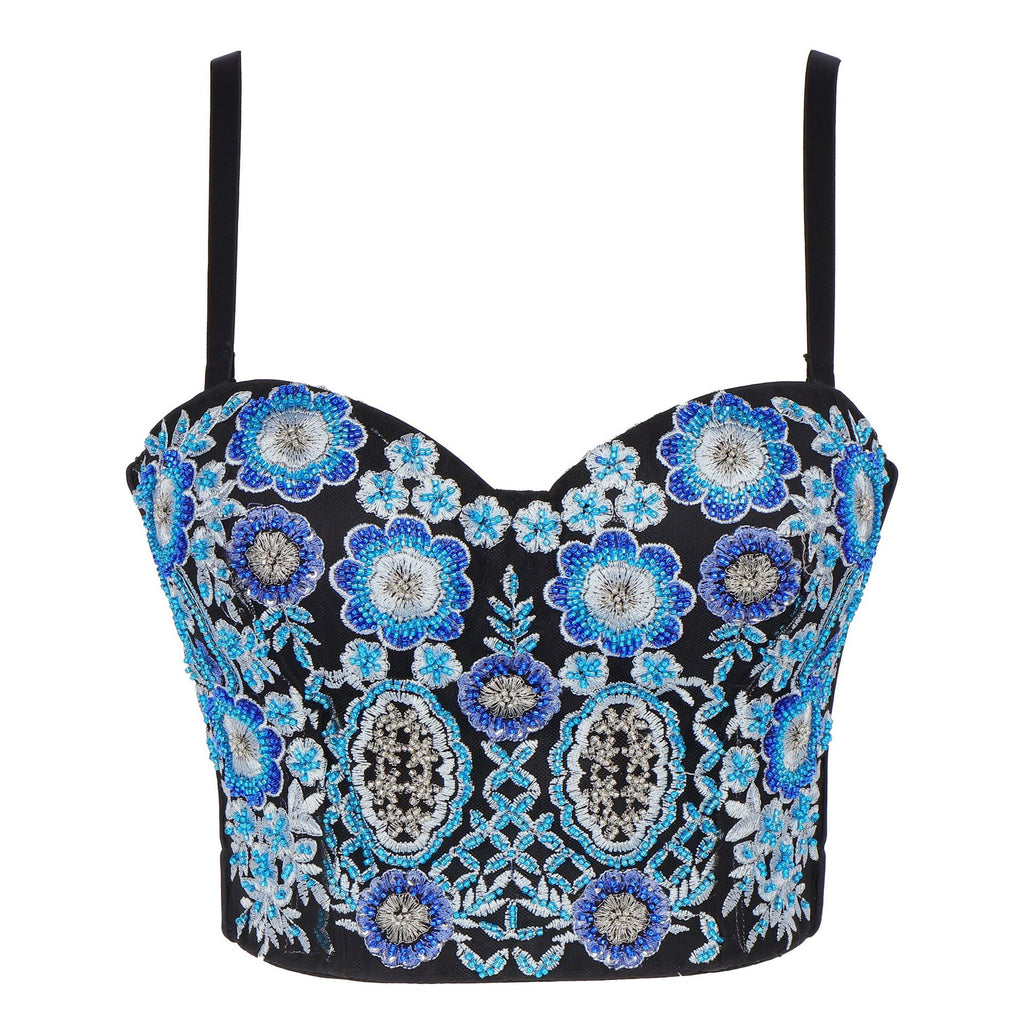 Women’s Blue Floral Embroidered Corset Crop Top