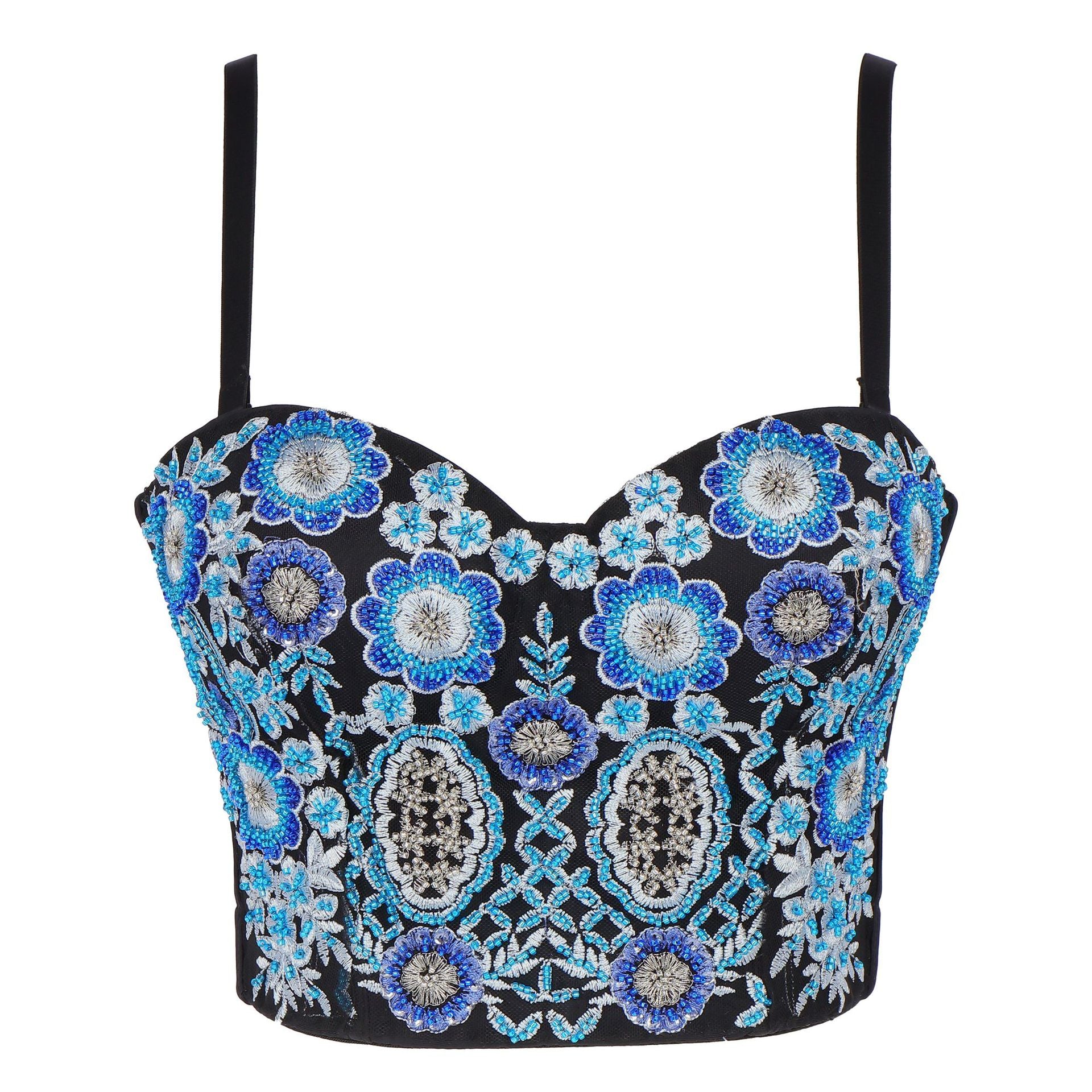 Women’s Blue Floral Embroidered Corset Crop Top