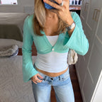 Women's Contrast Colors False Two Piece Flare Sleeve T Shirt Summer