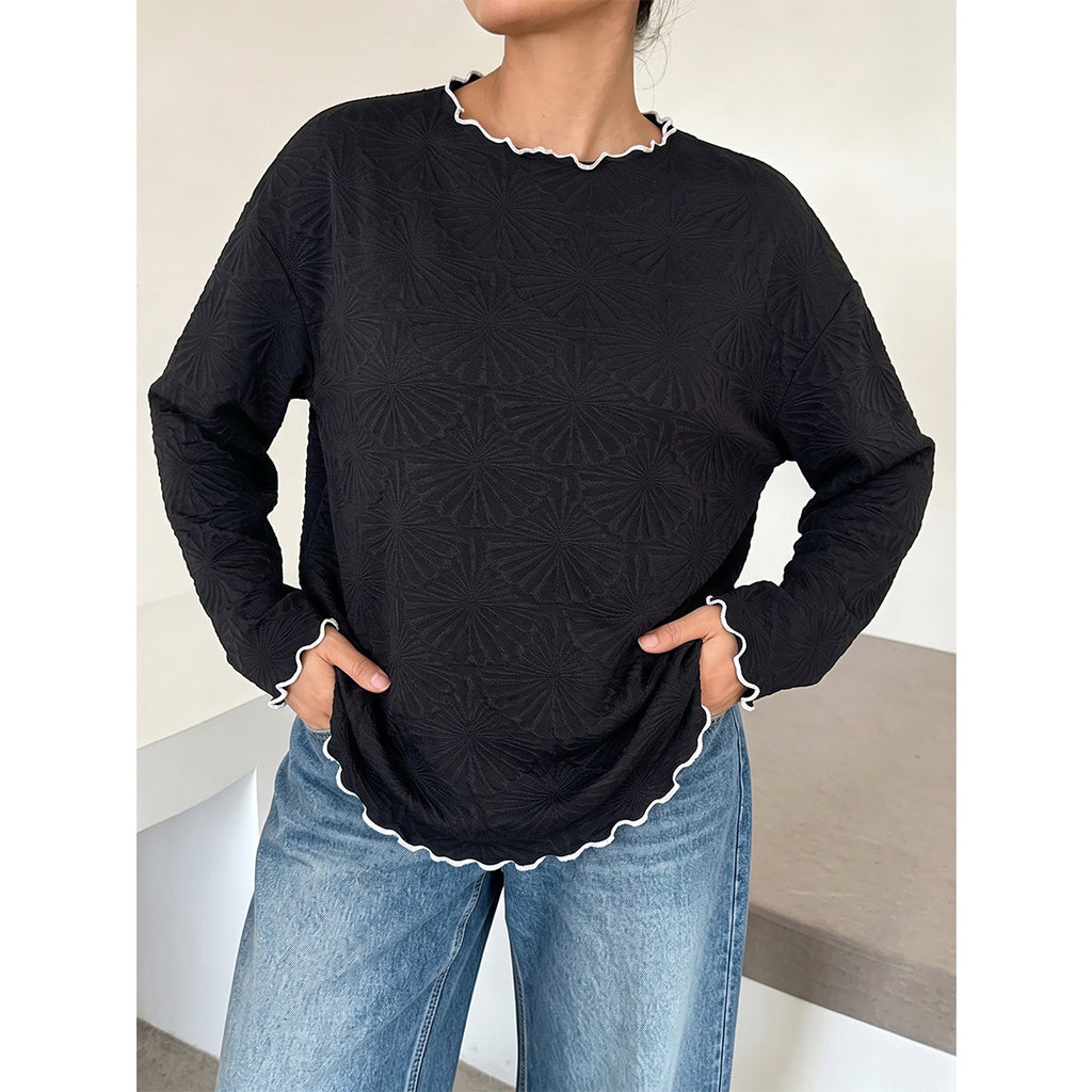 Women's Jacquard Wave-Texture Crew-Neck Sweater