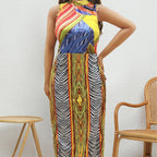 plus Size Women Women Clothing Summer Retro Mixed Color Printing Random Non Positioning Split Tied Dress