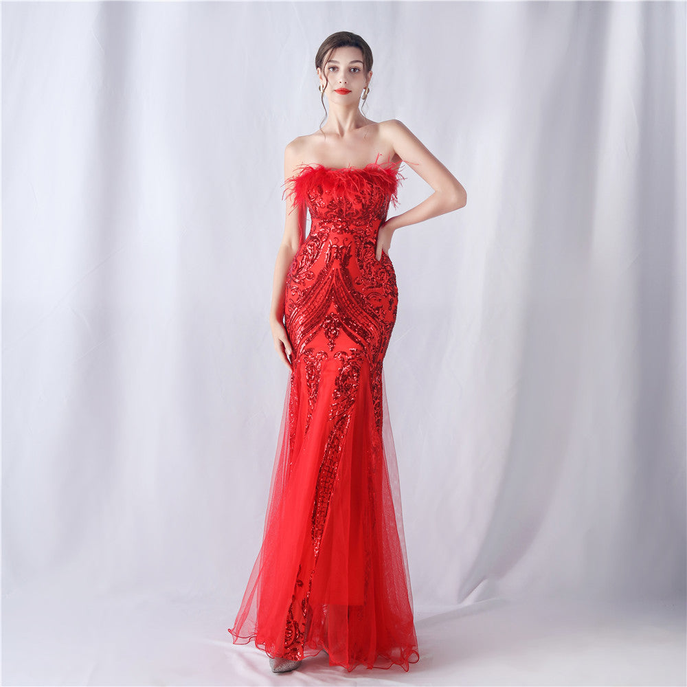 Women's Ostrich Feather Floral Cutting Wedding Strapless Sequin Gauze Dress