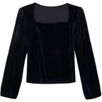 Women's Black Pleuche Square Collar Small Shirt Women Autumn Young Puff Sleeve Shirt Off-Shoulder Top