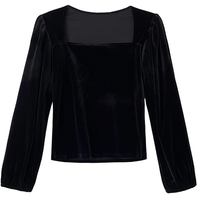 Women's Black Pleuche Square Collar Small Shirt Women Autumn Young Puff Sleeve Shirt Off-Shoulder Top