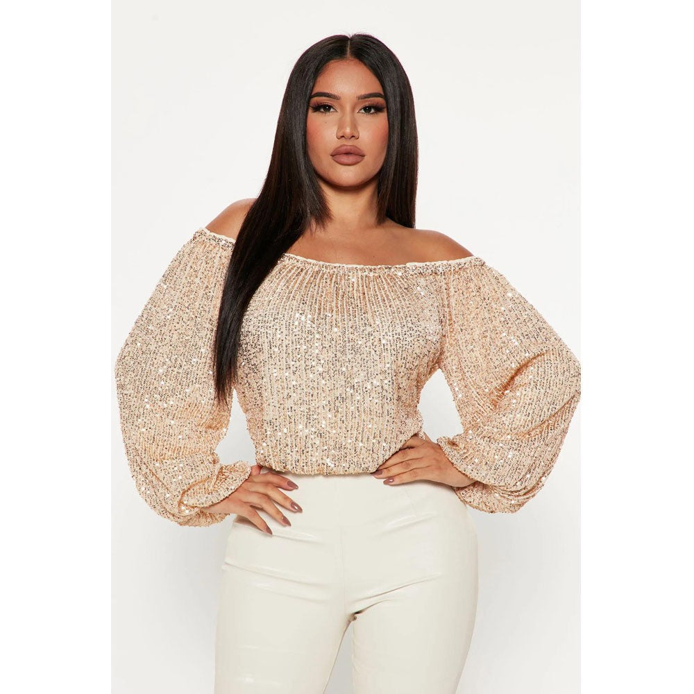 Women's Boat Collar Sequined Lantern Long Sleeve Top