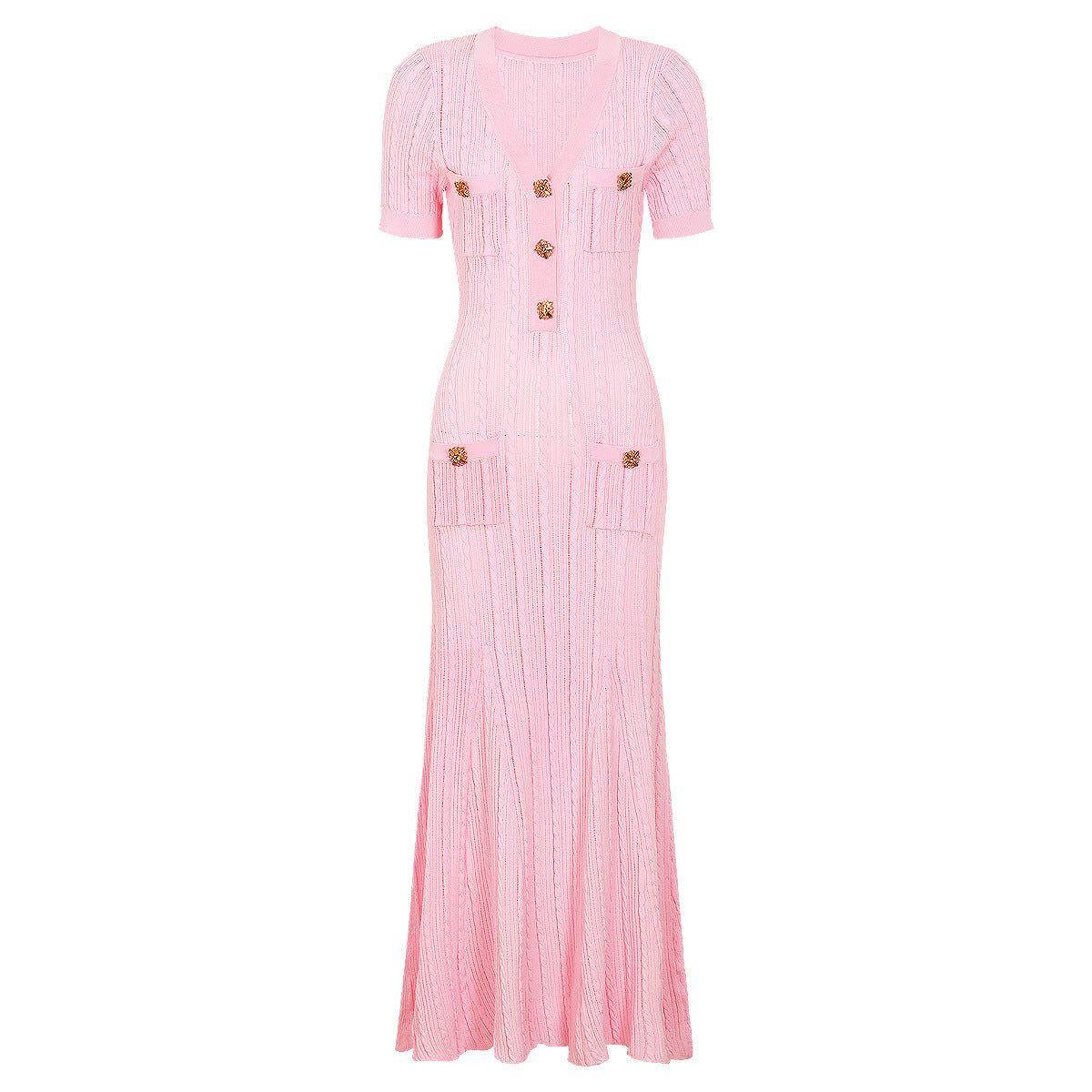 Pink maxi short sleeve dress with ribbed texture, decorative button details and patch pockets