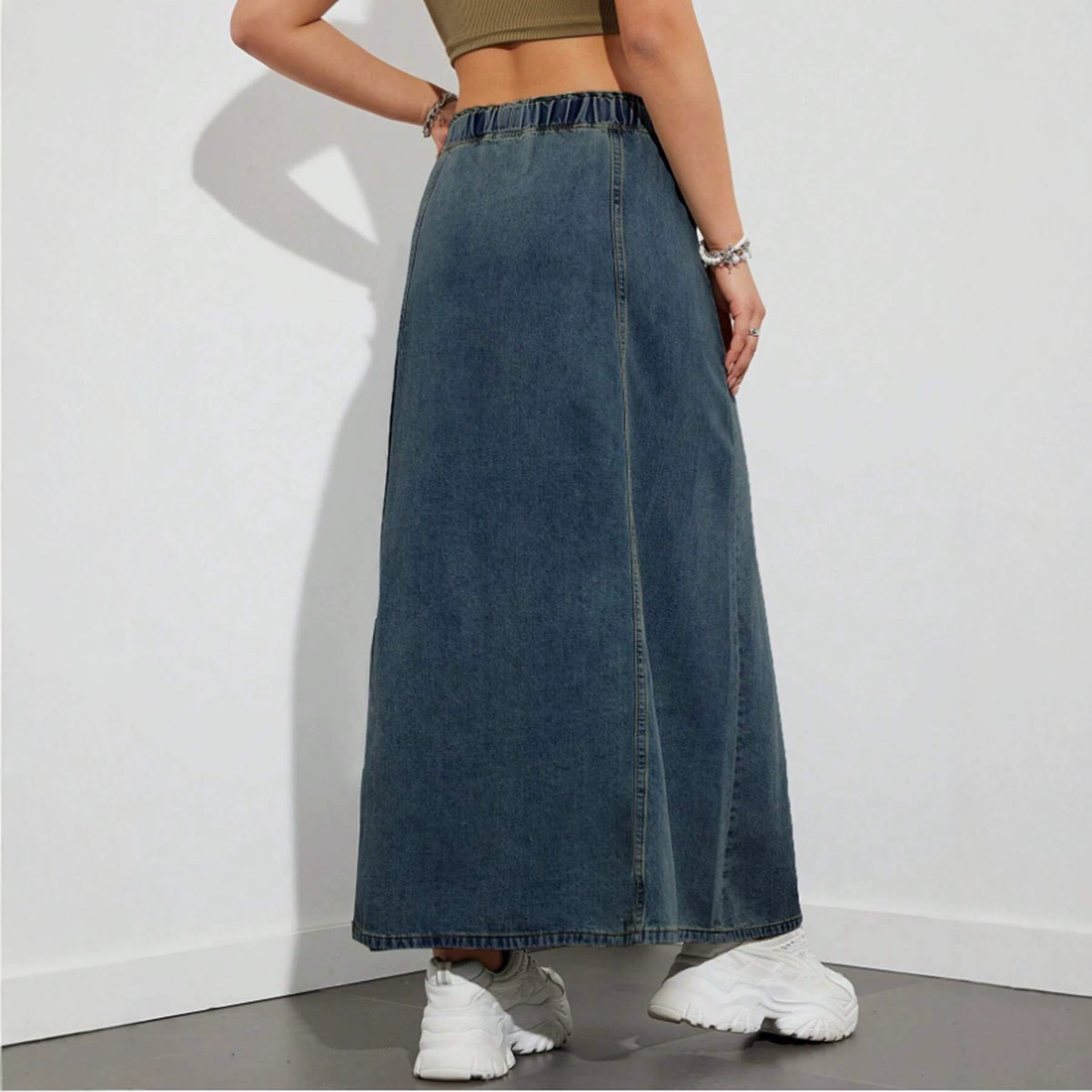 High-Waist Drawstring Denim Skirt