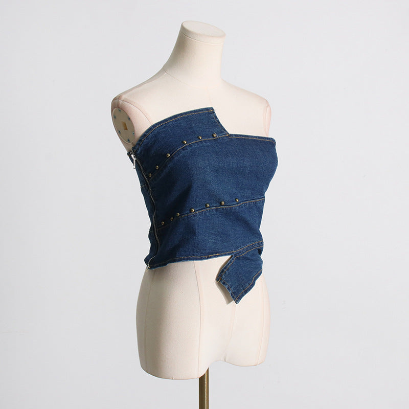 's Retro Blue Denim Tube Top Slim Short Vest