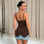 Women's Sheath Dress Low Cut Lace Stitching Contrast Color Street