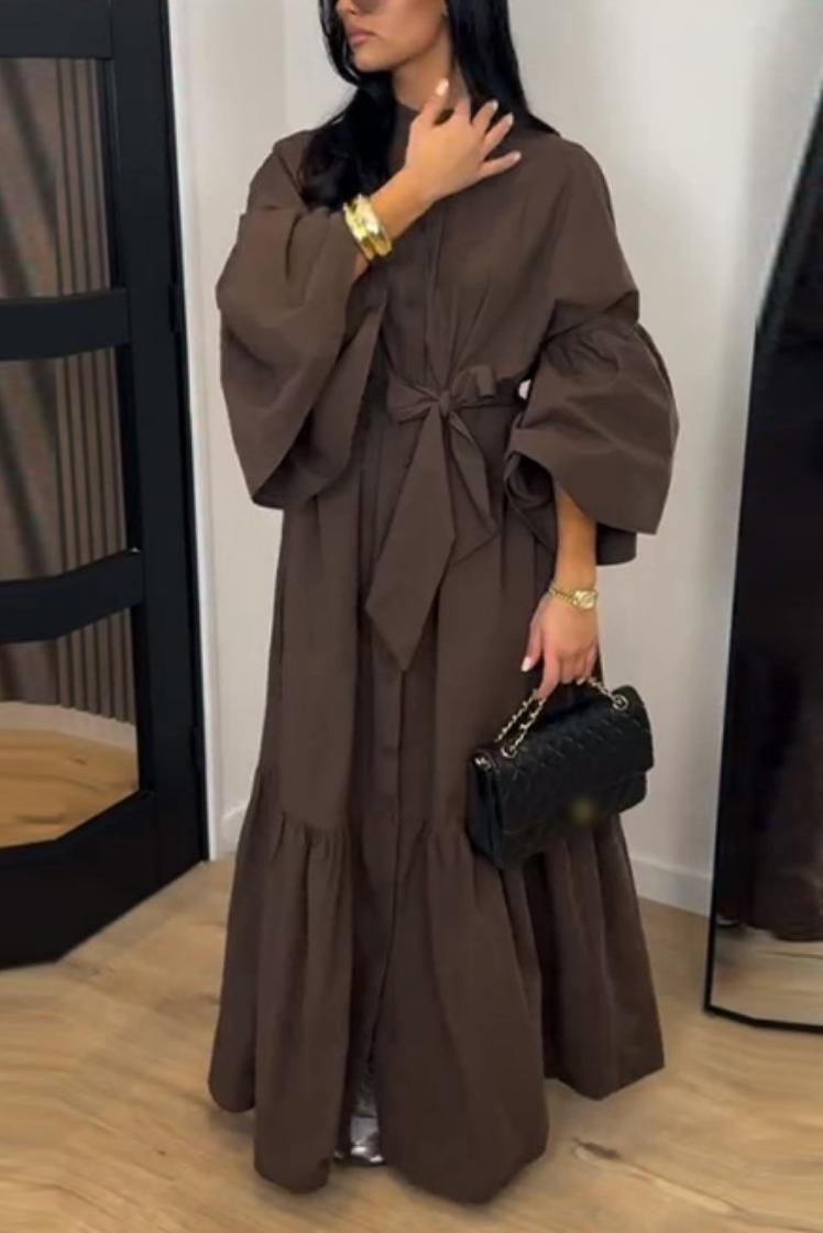 Dark brown lace long-sleeve dress, bow-tie waist and tiered maxi skirt