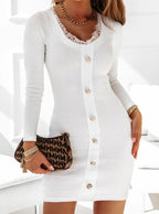 Women's Crew-Neck Lace Ribbed Long-Sleeve Dress