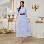 Women's Stand-Collar Mesh Belted Maxi Dress