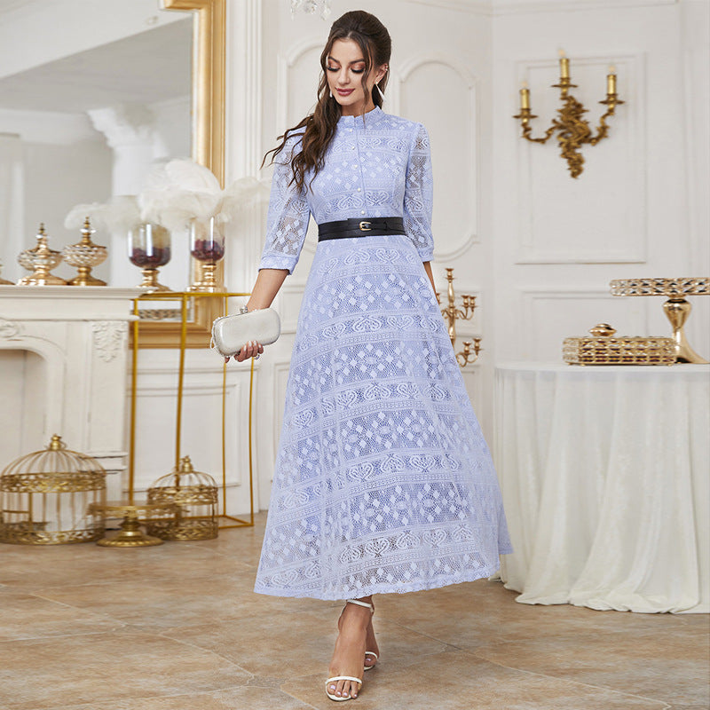 Women's Stand-Collar Mesh Belted Maxi Dress
