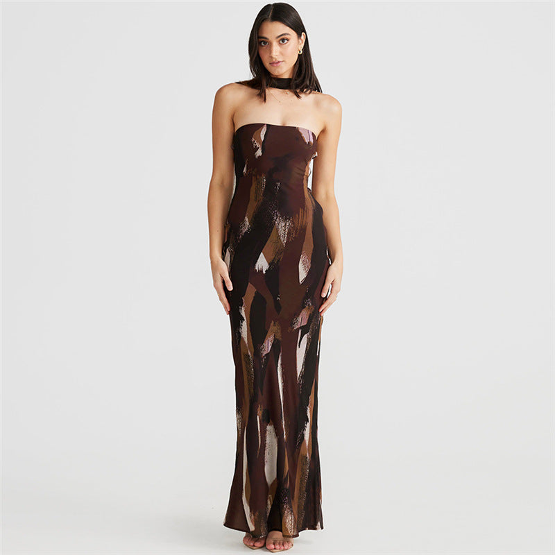 Printed Tube-Top Backless Maxi Dress