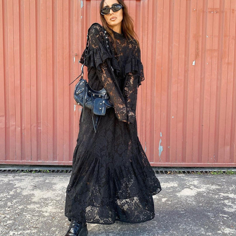 Sheer Lace Long Sleeve A-Line Maxi Dress