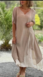 V neck Short Sleeve Faux Two Piece Asymmetric Dress Spring Summer