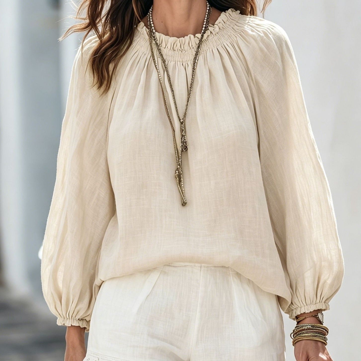 Spring Autumn Loose Lantern Sleeve Solid Color Shirt Women Casual Vacation All Matching Top