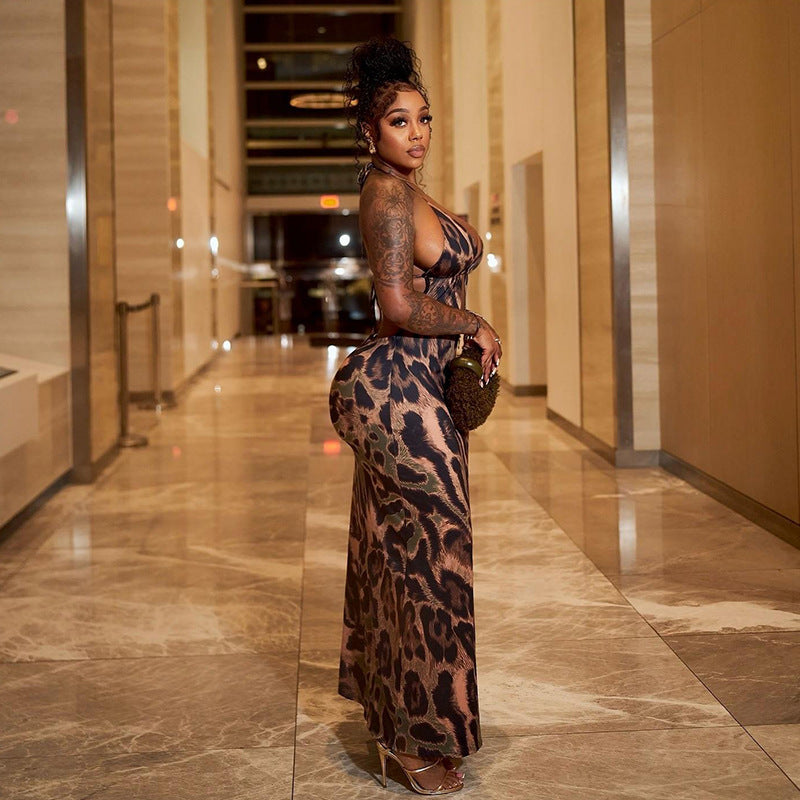 Halter Lace Up Cropped Backless Leopard Print Maxi Dress