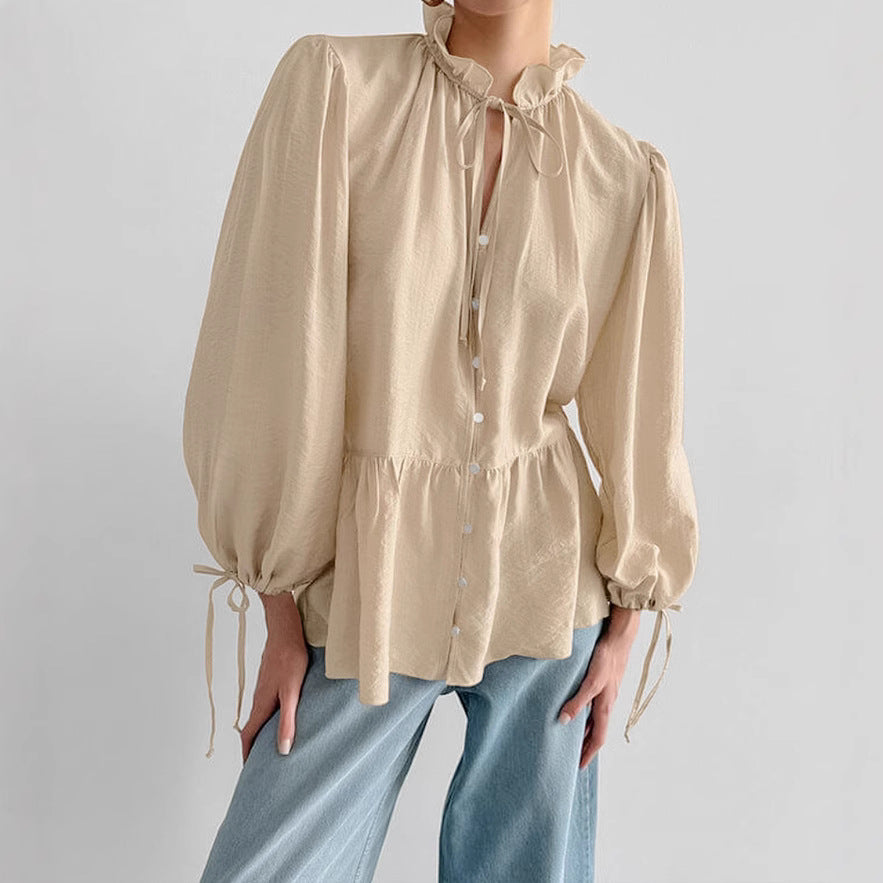 Women's Ruffled Stand Collar Puff Sleeve Blouse
