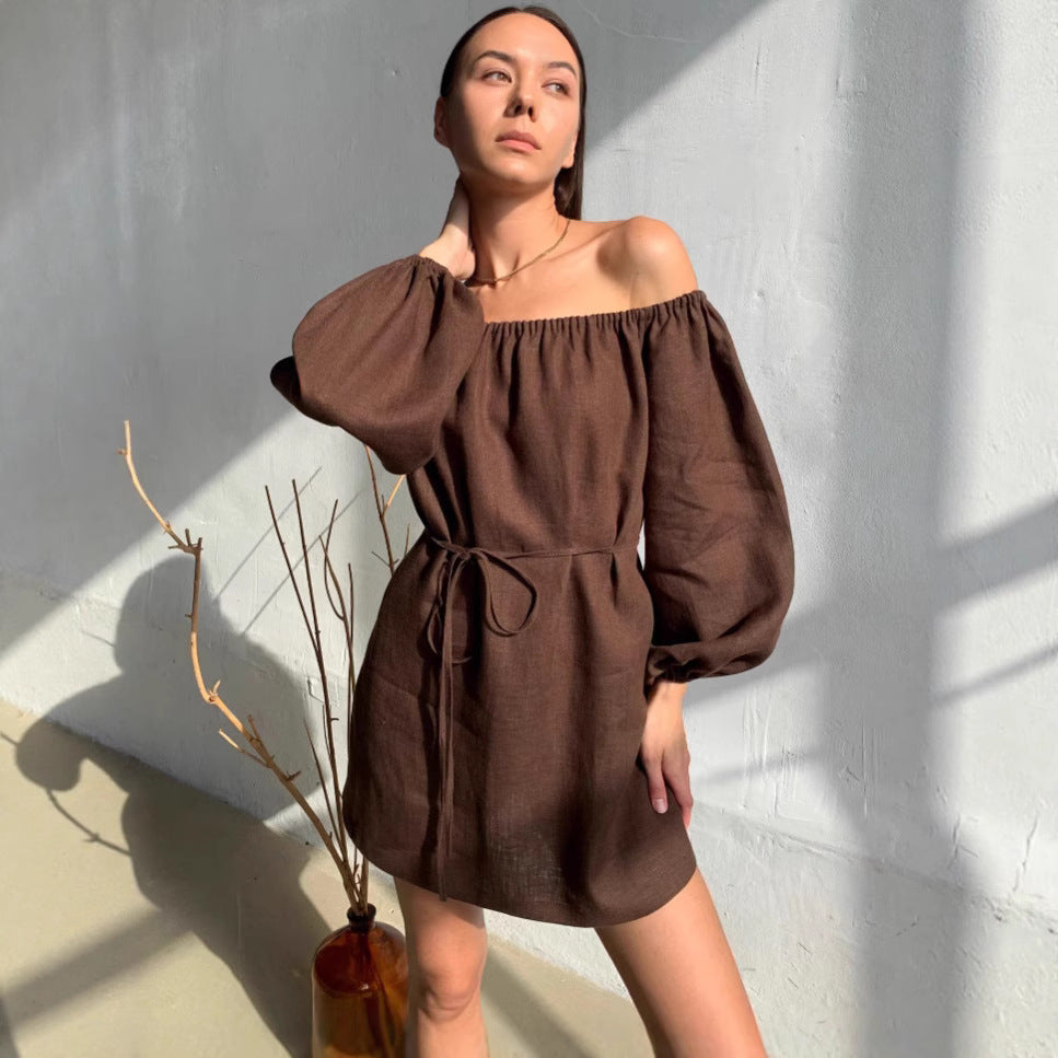 Long-Sleeve Off-Shoulder Cotton Short Dress Brown Puff Sleeve