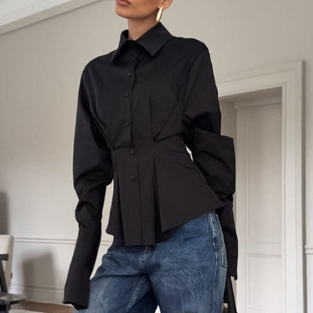 Women's Luxury Pleat Waisted Slim-Fit Long-Sleeved Collared Shirt