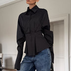 Women's Luxury Pleat Waisted Slim-Fit Long-Sleeved Collared Shirt