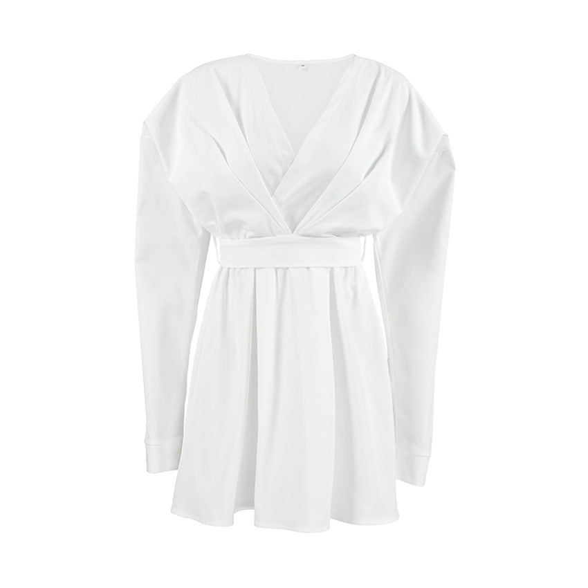 White V-Neck Puff-Sleeve Lace-Up Dress