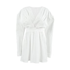 White V-Neck Puff-Sleeve Lace-Up Dress