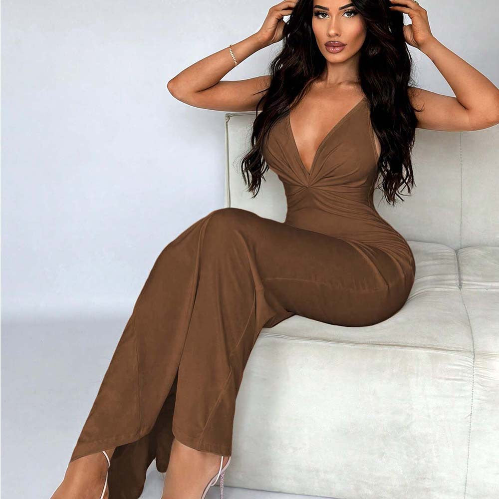 Women's Backless Ruched V-Neck Bodycon Maxi Dress