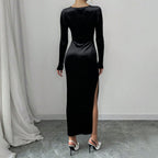 Black Velvet Square Neck Slit Dress