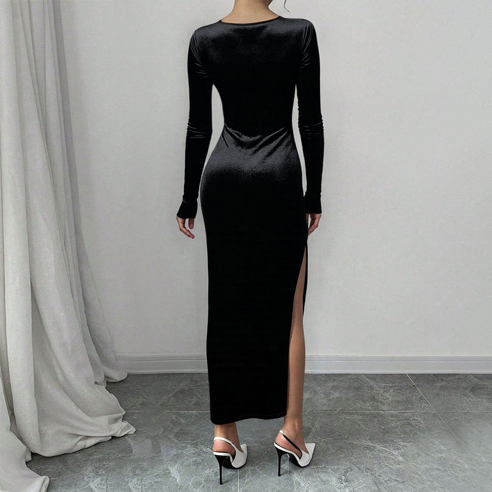 Black Velvet Square Neck Slit Dress