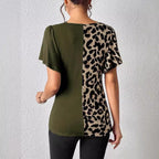 Women's Popular Leopard Print Asymmetric Collar Butterfly Sleeve Patchwork Top Women