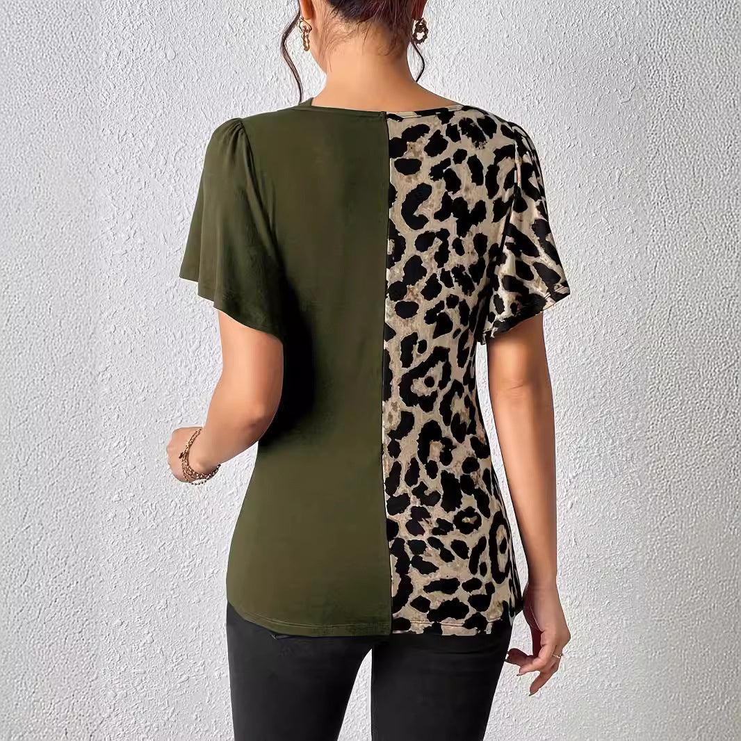 Women's Popular Leopard Print Asymmetric Collar Butterfly Sleeve Patchwork Top Women