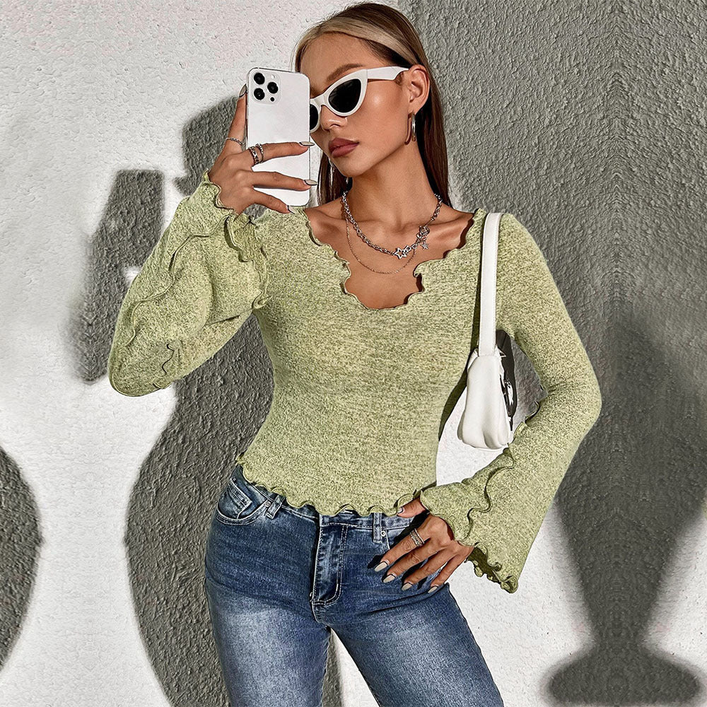 Women's Women Clothing Trendy Elegant T Shirt Autumn Winter Edging Design Short Bell Sleeve Top